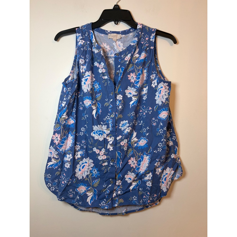 Cottagecore Loft Sleeveless Blouse Blue Floral Button Front Pleated Tank Top